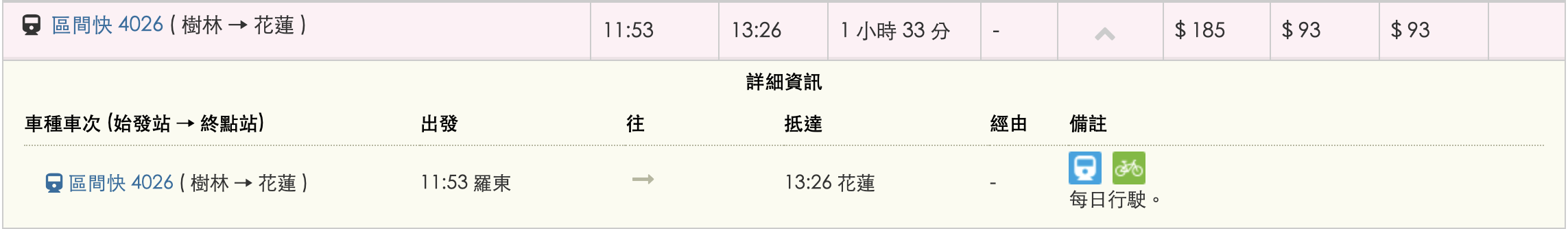 羅東-花蓮區間車時刻表